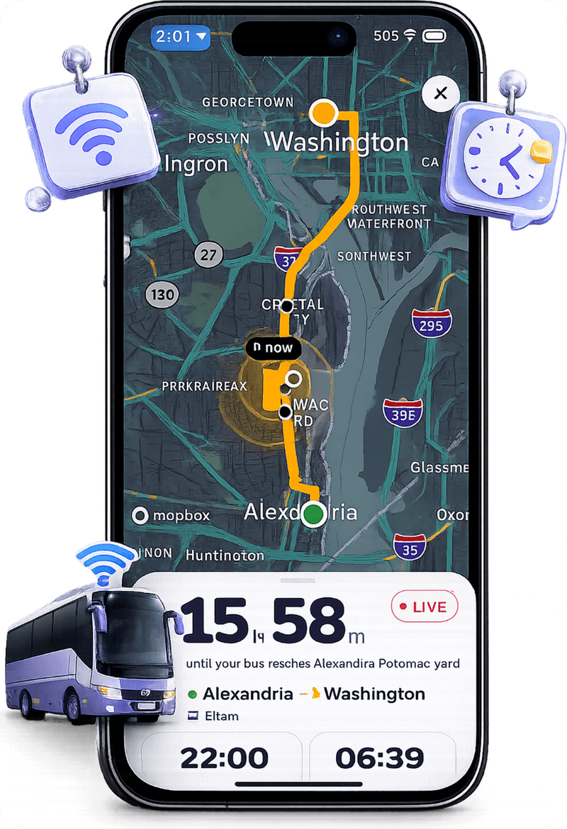 Live bus tracking on a map in the Zoomaa app, counting down to arrival