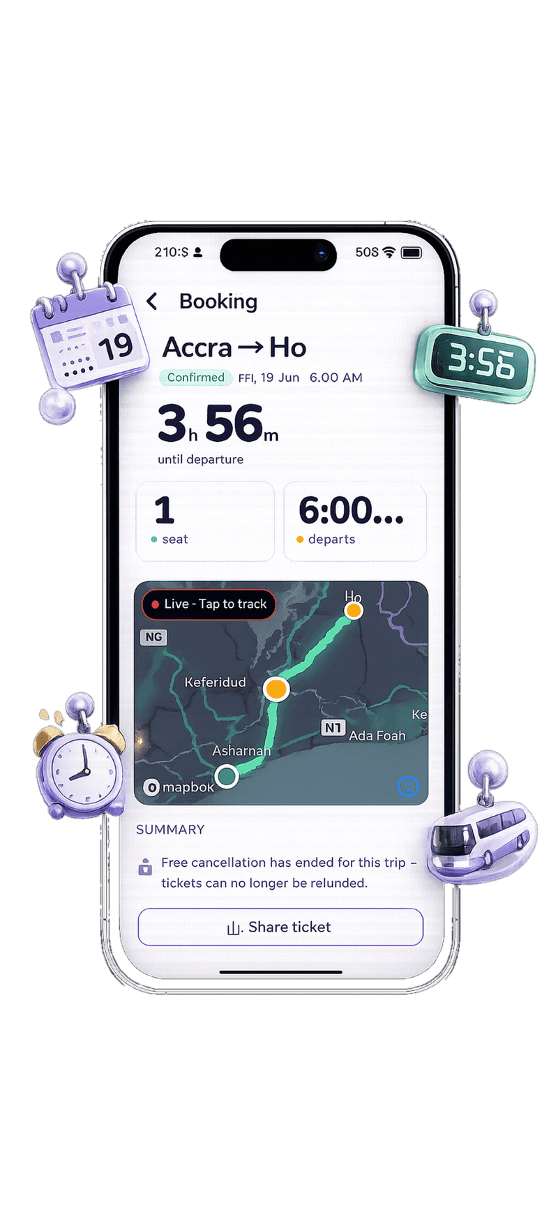 Zoomaa app showing a confirmed Accra to Ho trip with a live tracking map